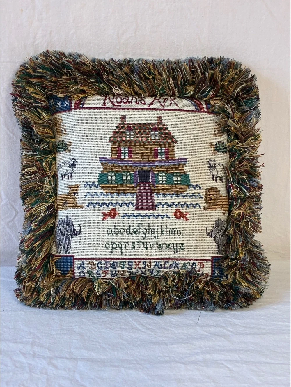 Vintage Handcrafted Needlepoint Noahs ark decorative accent pillow